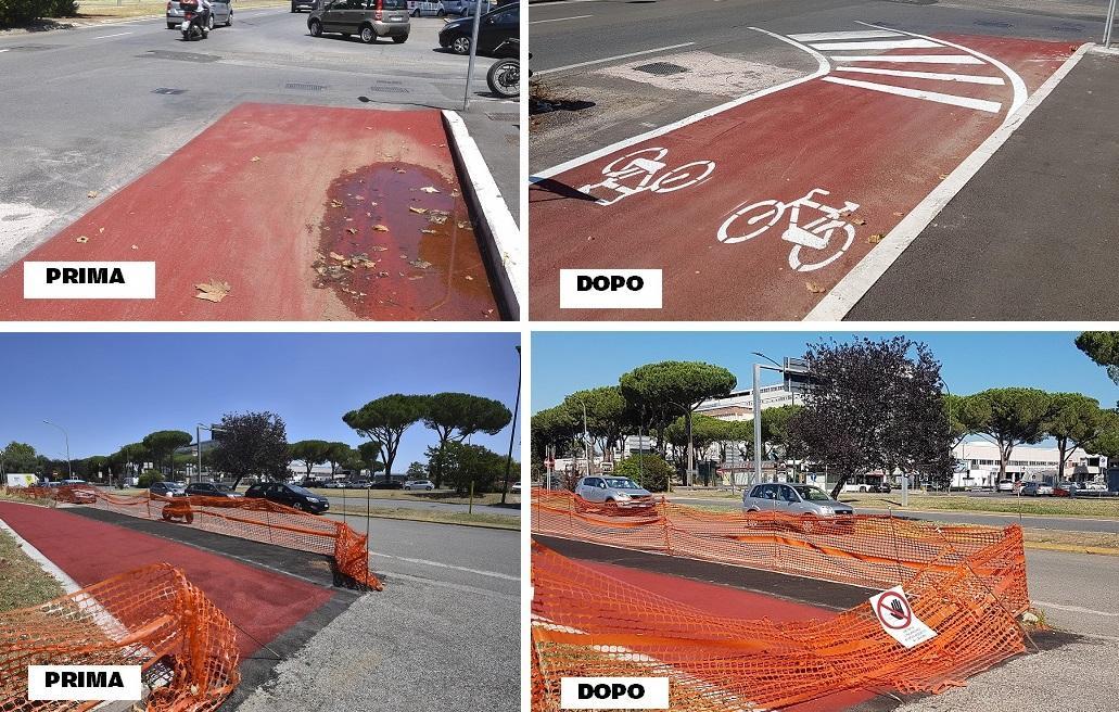 Nelle foto a sinistra i due sbocchi della ciclabile di via Senese fino a pochi giorni fa, in quelle a destra gli stessi punti dopo la segnalazione di Adelfia Franchi (foto Agenzia Bf)