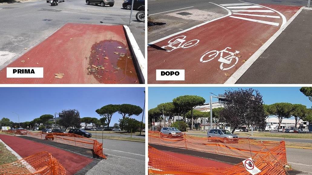 Nelle foto a sinistra i due sbocchi della ciclabile di via Senese fino a pochi giorni fa, in quelle a destra gli stessi punti dopo la segnalazione di Adelfia Franchi (foto Agenzia Bf)
