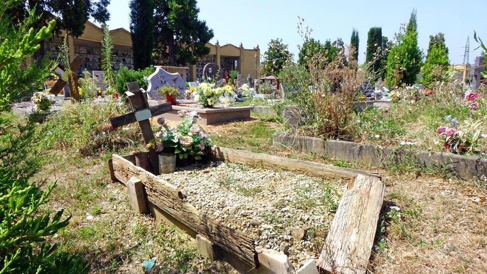Cespugli fra le lapidi, muri scrostati e vetri rotti