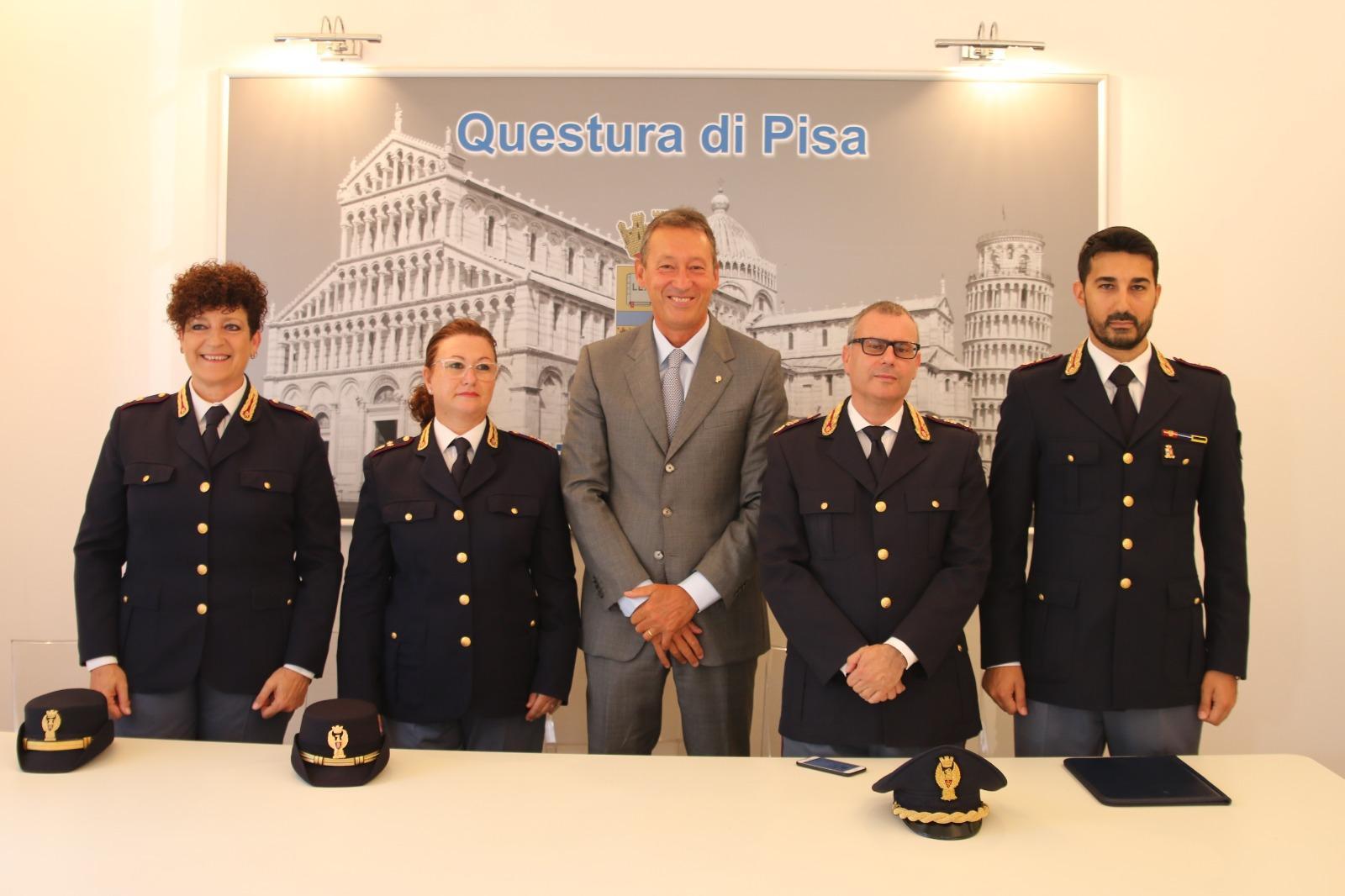 Da sinistra Falaschi, Solfanelli, il questore Paolo Rossi, Pizzimenti e il capo della mobile, Nocita