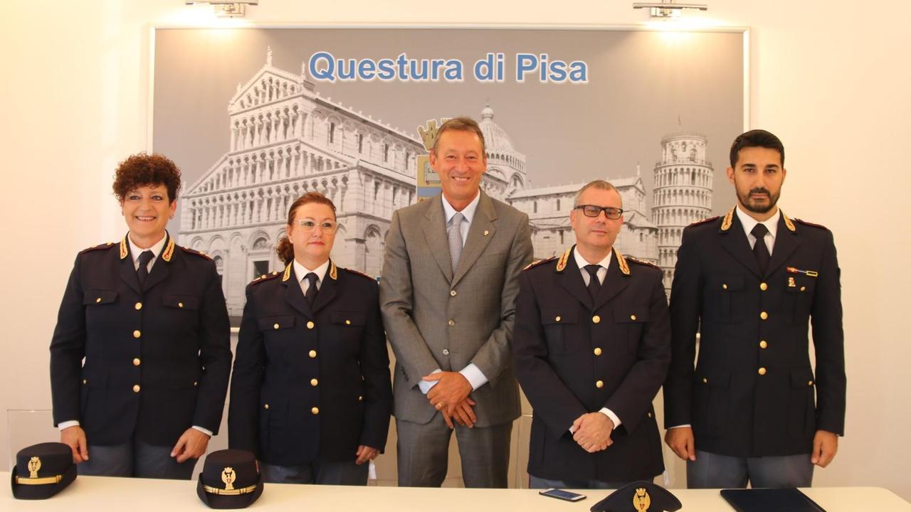 Da sinistra Falaschi, Solfanelli, il questore Paolo Rossi, Pizzimenti e il capo della mobile, Nocita