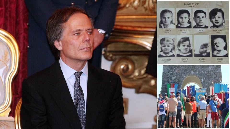 Il ministro Moavero. In alto a destra alcuni dei bimbi trucidati a Sant'Anna