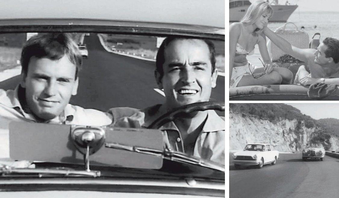 Tre fotogrammi del film "Il sorpasso" di Dino Risi