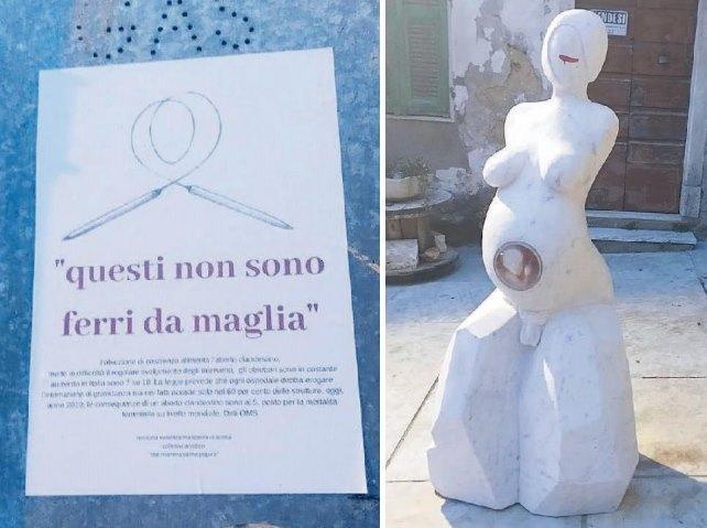 Il manifesto choc con i “ferri” usati per l’aborto clandestino e la scultura di Monfroni al centro della polemica
