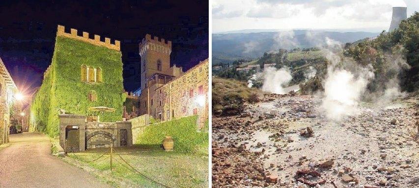 A sinistra il castello di Querceto, meta di uno dei tour cicloturistici e a destra fumarole e soffioni nella zona di Larderello
