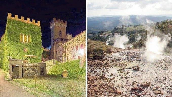 A sinistra il castello di Querceto, meta di uno dei tour cicloturistici e a destra fumarole e soffioni nella zona di Larderello