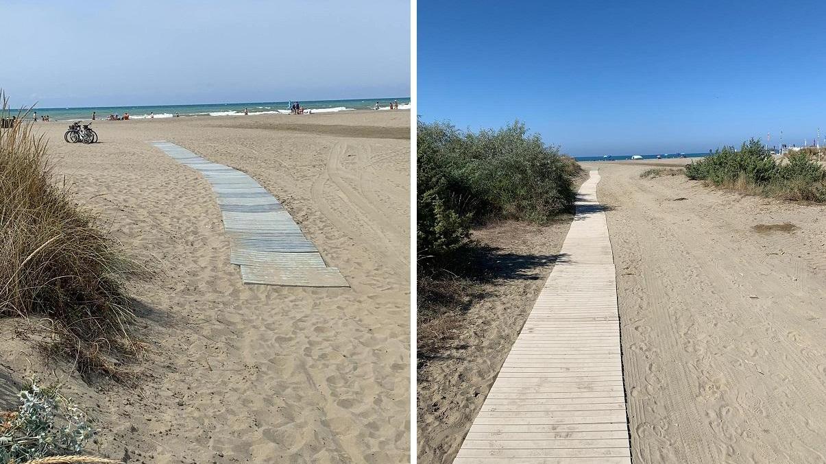 La passerella per disabili a Fiumara prima e dopo la segnalazione attraverso Il Tirreno e il conseguente, rapido intervento del Comune di Grosseto per ripristinarla