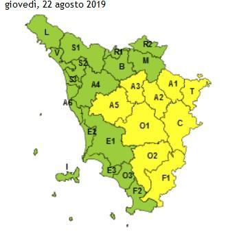 Previsioni di temporali nella zona della Valdelsa-Valdera per giovedì 22 agosto 2019