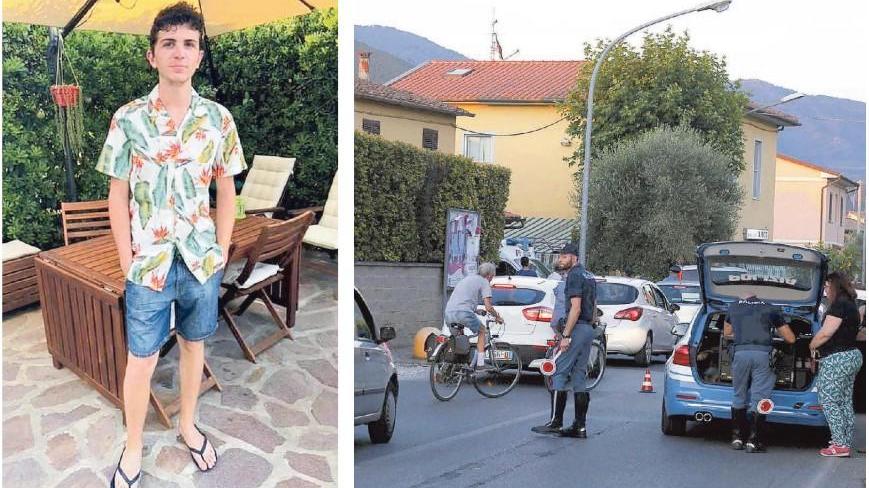 Leonardo Giordani e, a destra, i rilievi della polizia sulla Calcesana per ricostruire la dinamica dell’incidente mortale