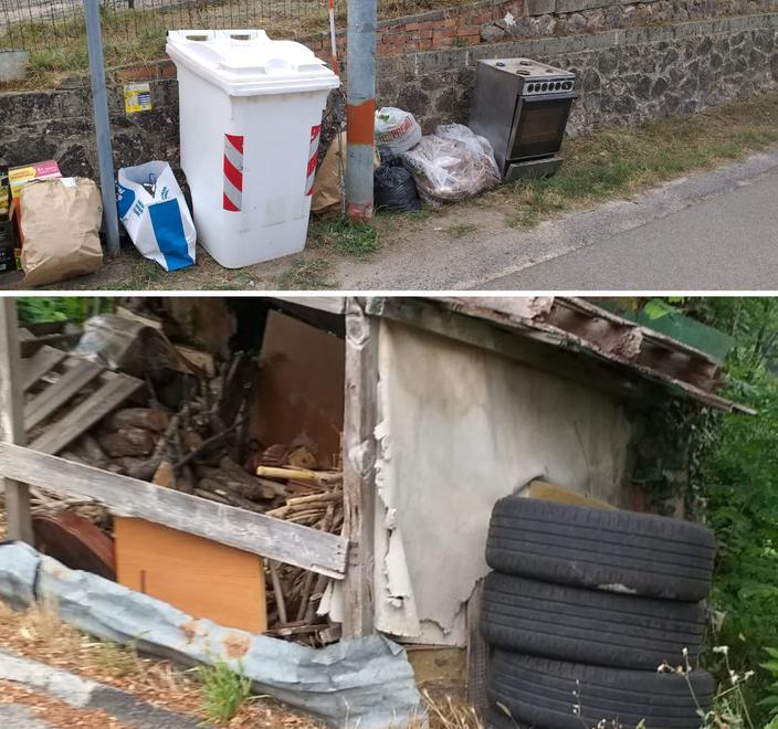 Vecchi pneumatici e un forno abbandonati a bordo strada