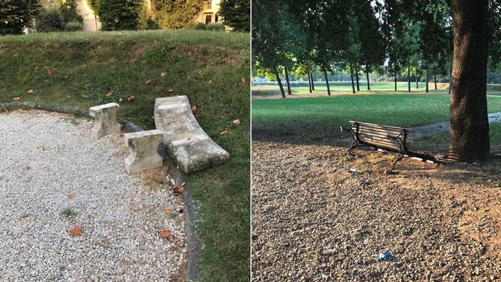 Ecco cosa rimaneva ieri mattina della notte brava sul baluardo San Donato: una pietra divelta, panchine levate dalla sede e rovesciate