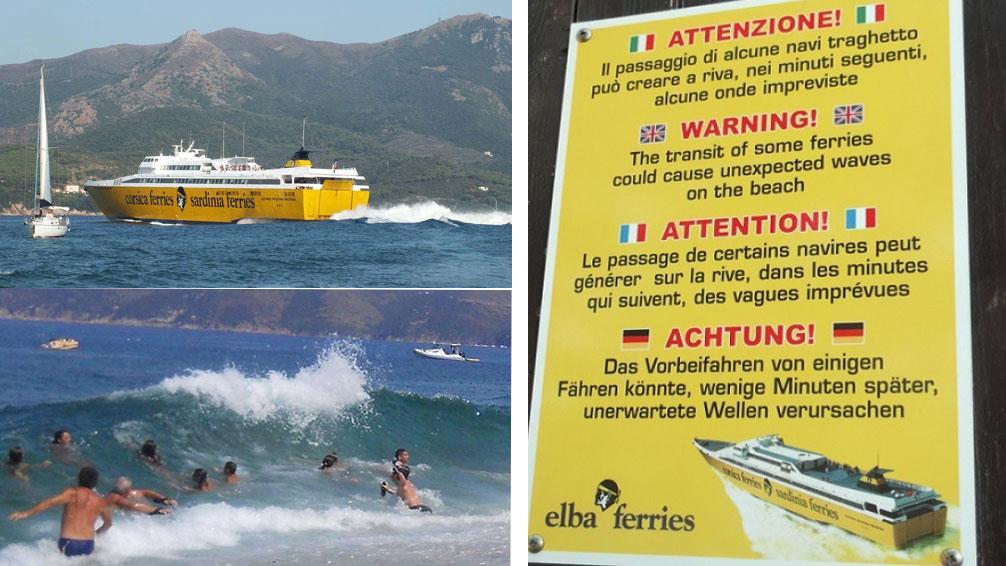 La Freccia Gialla di Corsica Ferries e una delle onde prodotte dal traghetto e a destra uno dei cartelli d’avviso