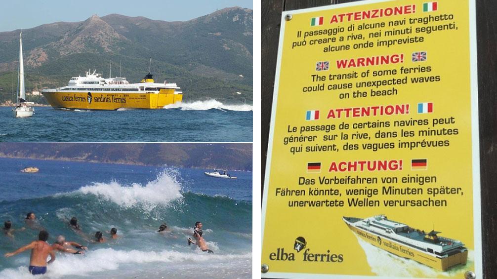 La Freccia Gialla di Corsica Ferries e una delle onde prodotte dal traghetto e a destra uno dei cartelli d’avviso