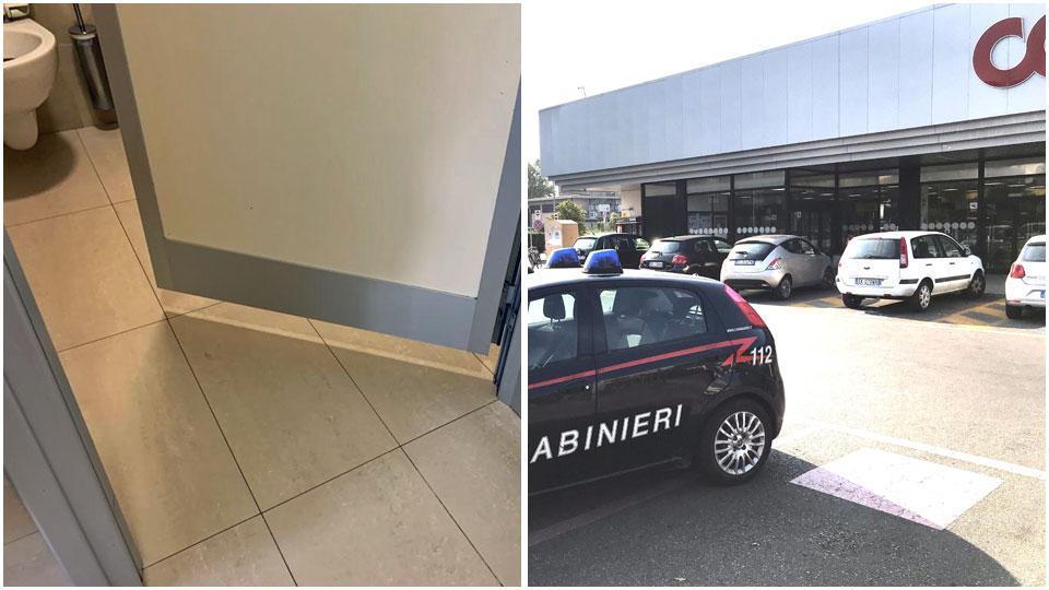 Il bagno del supermercato dove è stato ritrovato il corpo privo di vita della ragazza e l’auto dei carabinieri intervenuti domenica sul luogo del ritrovamento