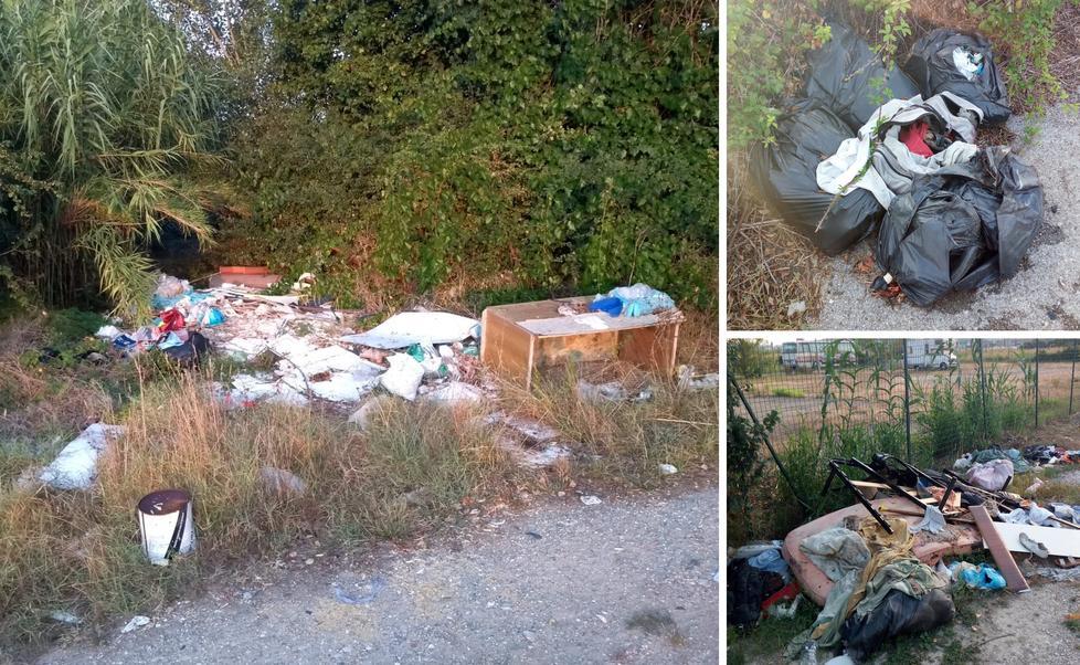 Rifiuti in via dell’Olmo (foto grande), vicino al ponte della F-Pi-Li (in alto a destra) e in via La Pieve a Ponsacco