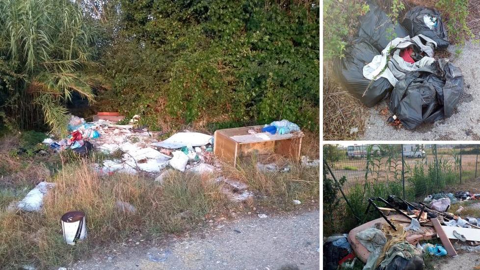 Rifiuti in via dell’Olmo (foto grande), vicino al ponte della F-Pi-Li (in alto a destra) e in via La Pieve a Ponsacco