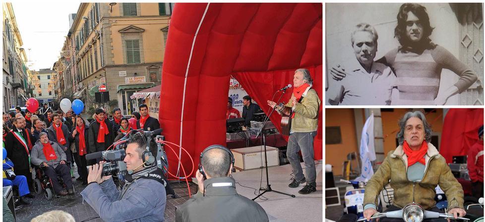 Riccardo Fogli testimonial di Telethon a Pontedera nel 2009. Nelle foto piccole: il cantante da giovane, col babbo Dante, e in sella a una Vespa