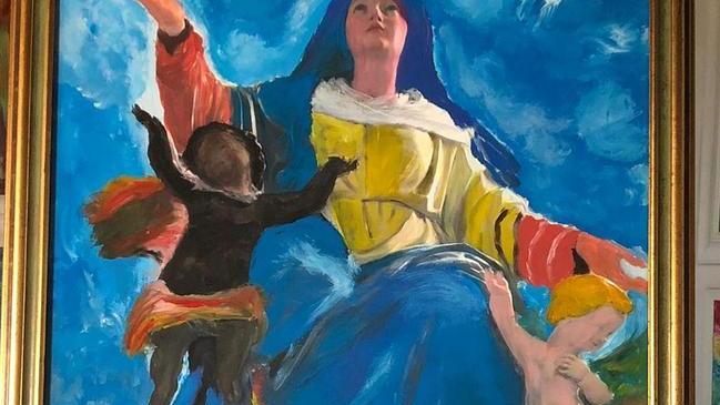 Venturini dona alla chiesa il quadro “Angeli neri”, un manifesto antirazzista