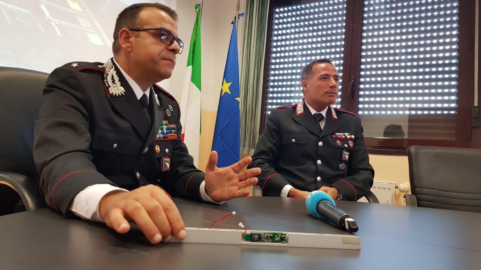 In primo piano, in mano al carabinieire, la mascherina con microcamera utlizzata per carpire i pin dei clienti della banca