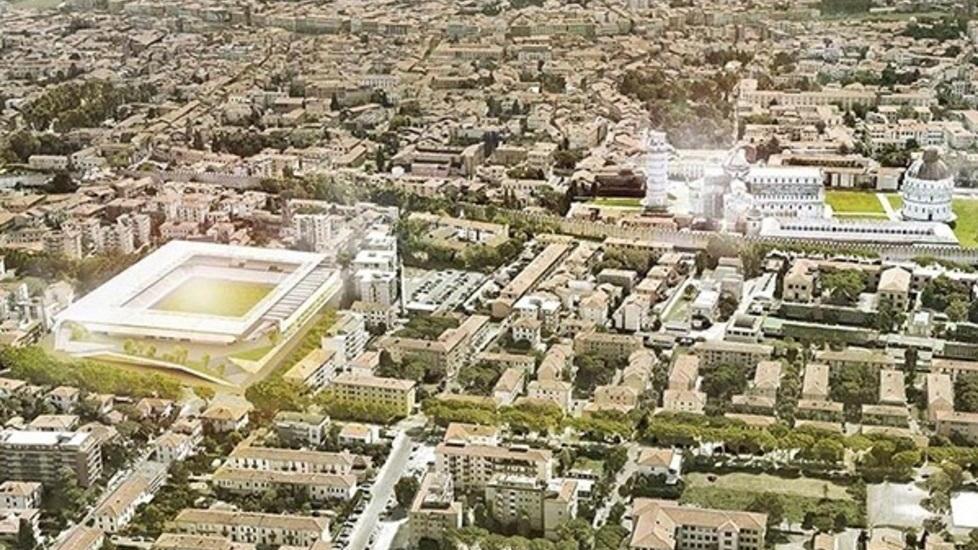 Il disegno della nuova Arena Garibaldi nel contesto di Porta a Lucca, nei pressi Piazza dei Miracoli