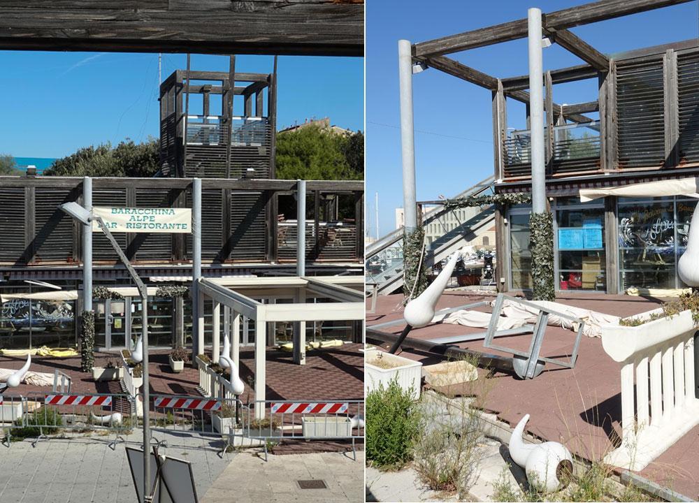 Lo stato di degrado in cui versa lo chalet Alpe;  Luci e ombrelloni divelti davanti alla baracchina chiusa e transennata