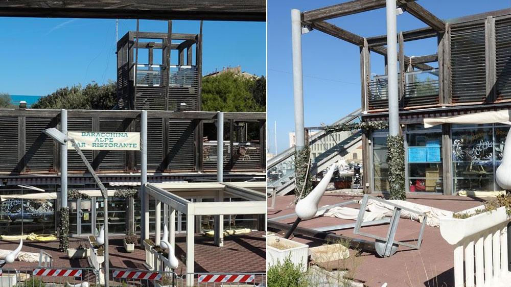 Lo stato di degrado in cui versa lo chalet Alpe; Luci e ombrelloni divelti davanti alla baracchina chiusa e transennata