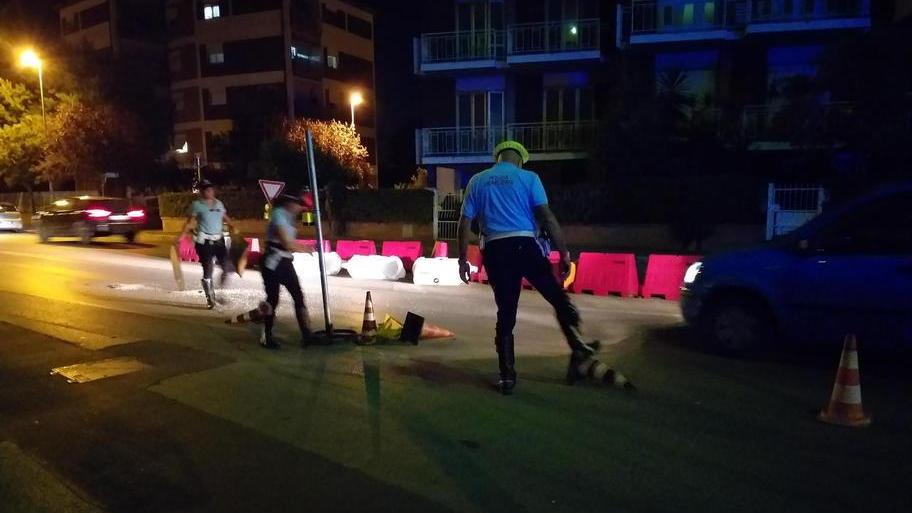Luci fulminate nel cantiere auto travolge la segnaletica