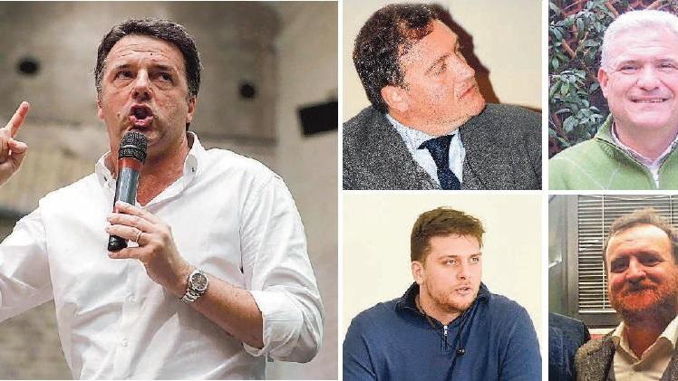 A sinistra l'ex segretario del Pd Matteo Renzi. A destra (dall'alto in senso orario) Leonardo Marras, Giancarlo Tesei, Giacomo Termine e Claudio Boccini