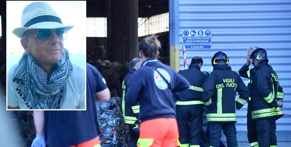 Soccorritori e vigili del fuoco alla Revet e, nel riquadro, la vittima Fabio Cerretani