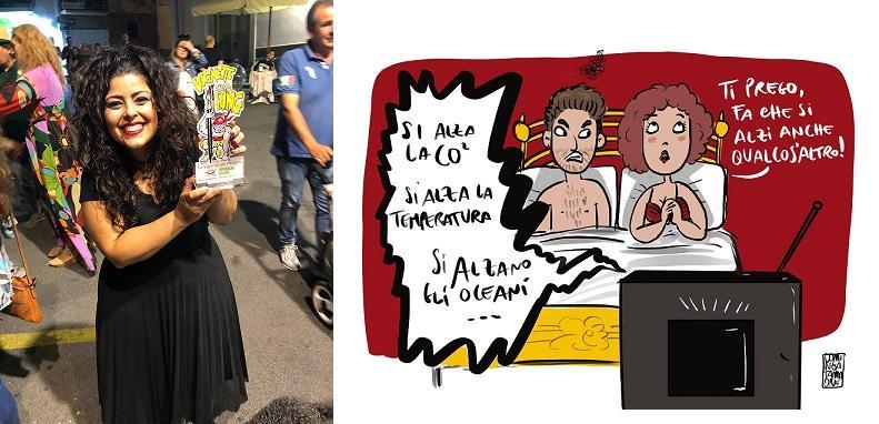Dominga Tammone con il premio ricevuto in Calabria e, a destra, la vignetta "più piccante"