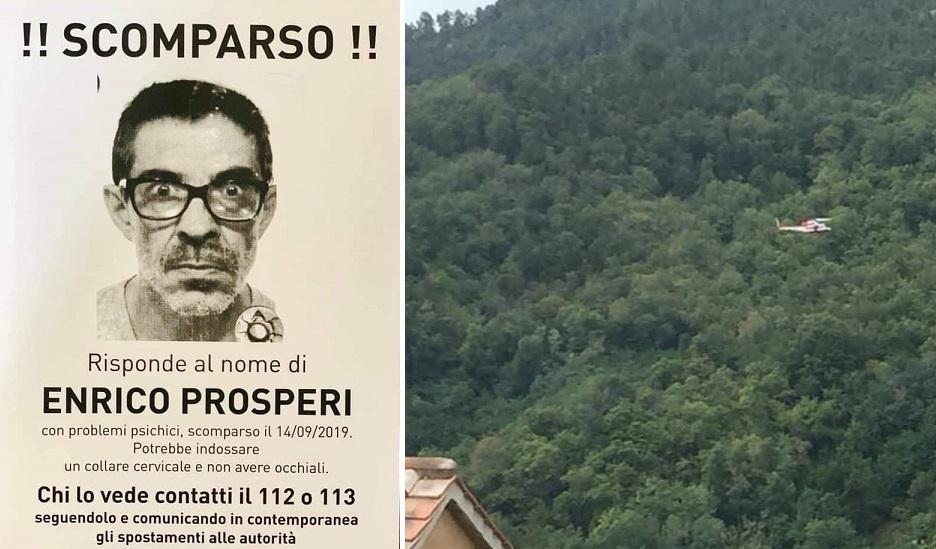 Il volantino con le informazioni sullo scomparso e, a destra, l'elicottero dei vigili del fuoco che sorvola Prata (Massa Marittima) dopo l'avvistamento che si è poi rivelato falso
