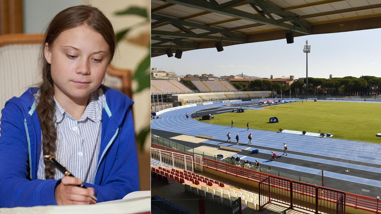 Greta e a destra lo stadio del Grosseto calcio