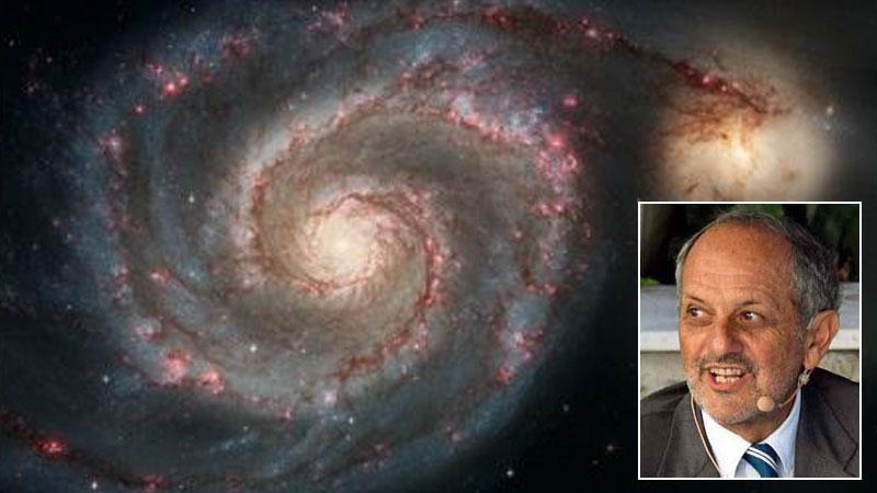 L’immagine di una galassia e il fisico Guido Tonelli
