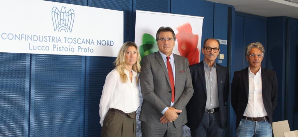 Sara Dell’Orco di Acimit, il presidente di Acimit Alessandro Zucchi, il coordinatore Marco Becheri e il vicepresidente pratese Andrea Piattelli