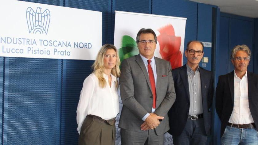 Sara Dell’Orco di Acimit, il presidente di Acimit Alessandro Zucchi, il coordinatore Marco Becheri e il vicepresidente pratese Andrea Piattelli