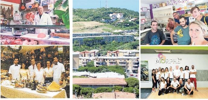 Da sinistra in alto Giovanni Bellini nella sua macelleria (foto Domenico Finno), sotto la famiglia Menta al completo nel negozio Romeo Formaggi. In alto a destra lo staff della pasticceria La Chiccheria,in primo piano Alessandra Ferrari e sullo sfondo i genitori. Sotto il gruppo alla guida di Morphé. Nella foto grande uno spaccato del quartiere con vista Falcone (foto Paolo Barlettani)