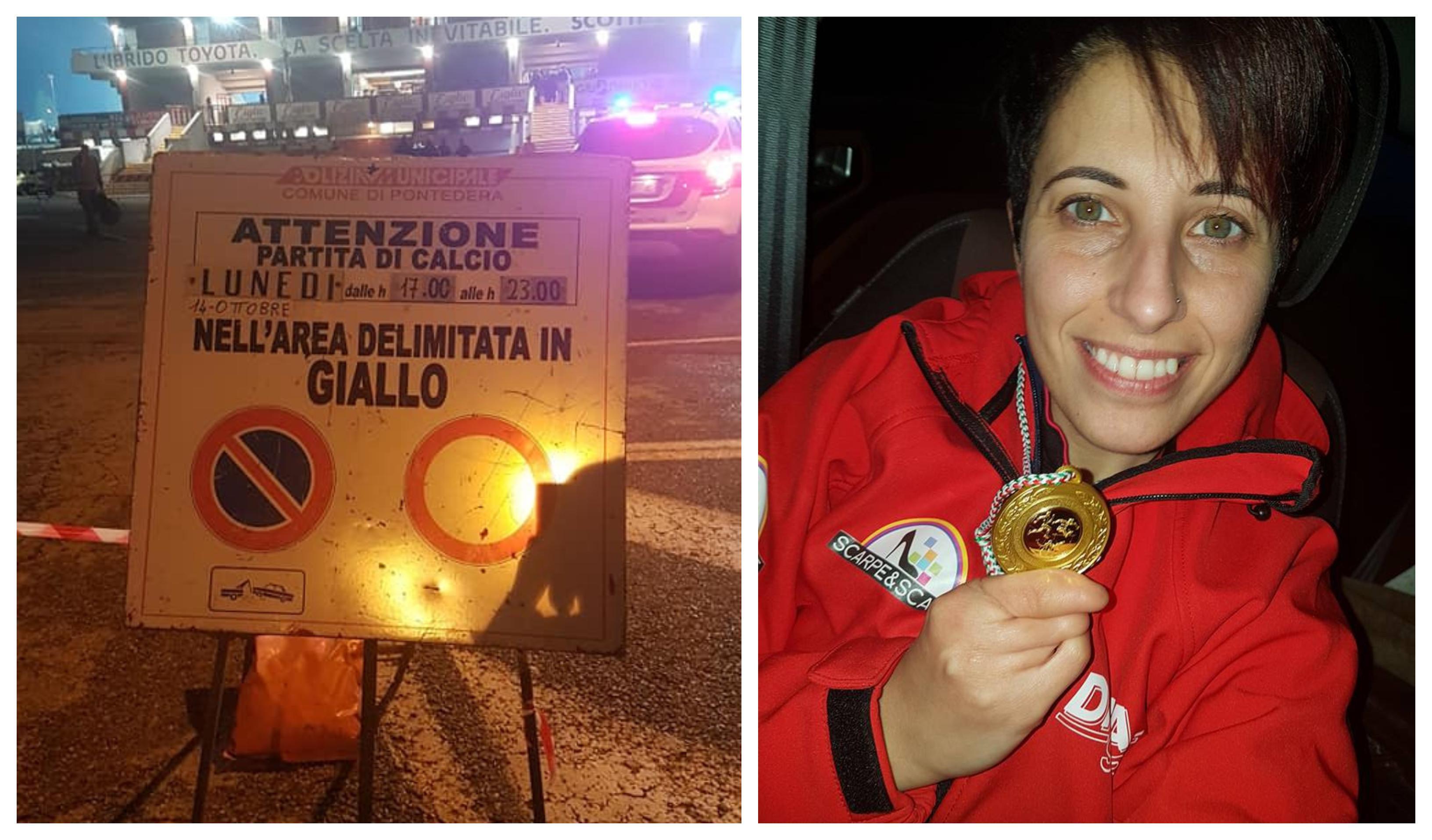 Il cartello che indica il divieto di sosta in zona stadio e Daniela Pierri