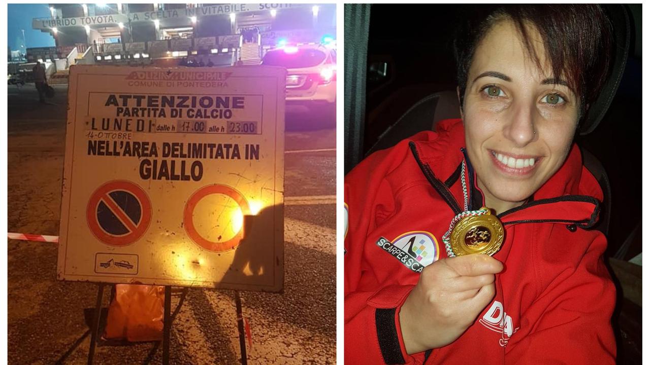 Il cartello che indica il divieto di sosta in zona stadio e Daniela Pierri