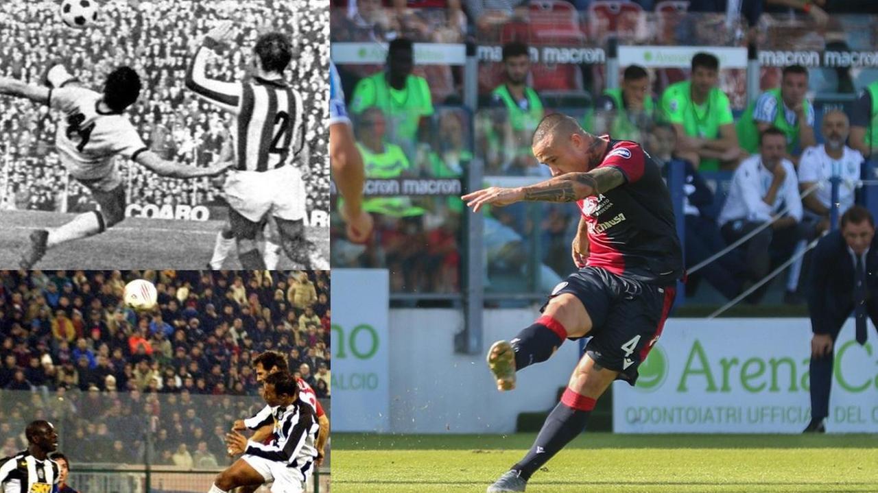 Nainggolan gol alla Spal. A sinistra, la rovesciata di Riva a Vicenza e la rete di Zola alla Juve
