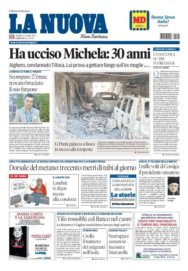 Prima Pagina La Nuova Sardegna 25 ottobre 2019
