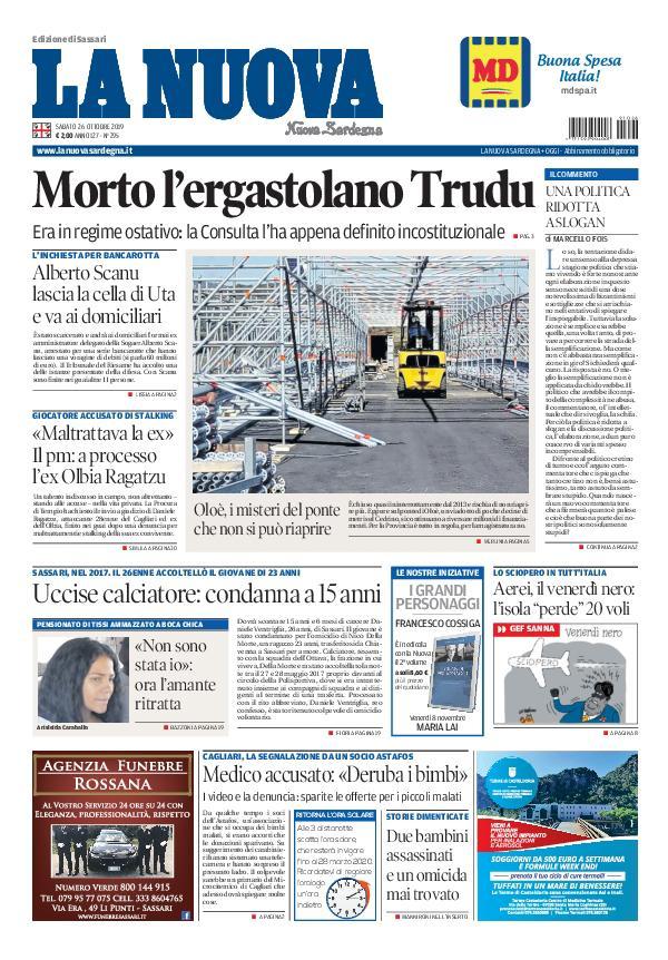 La Nuova Sardegna - Prima Pagina - 26 ottobre 2019