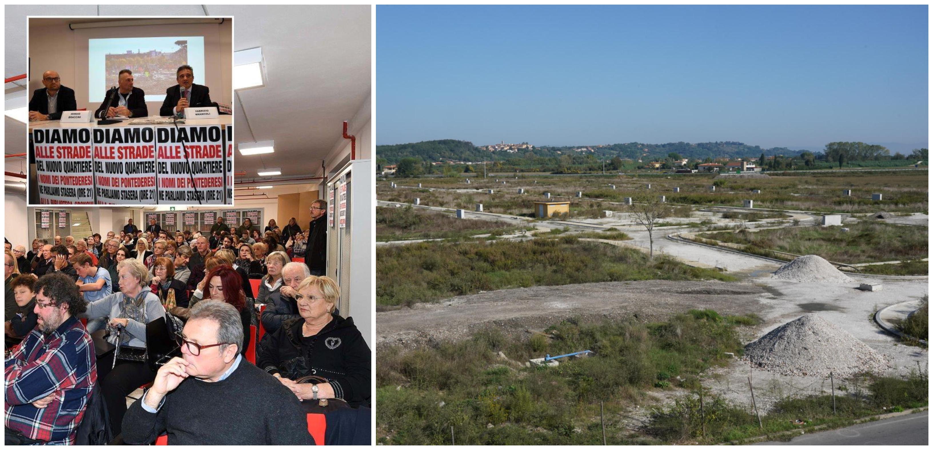 Da sinistra, la sala piena per l'iniziativa del Tirreno per intitolare strade a personaggi di Pontedera nel nuovo quartiere e lo stato attuale di abbandono dell'area