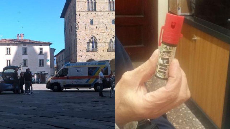 L'intervento della volante e della ambulanza (foto: Armando Alibrandi; e uno spry urticante)