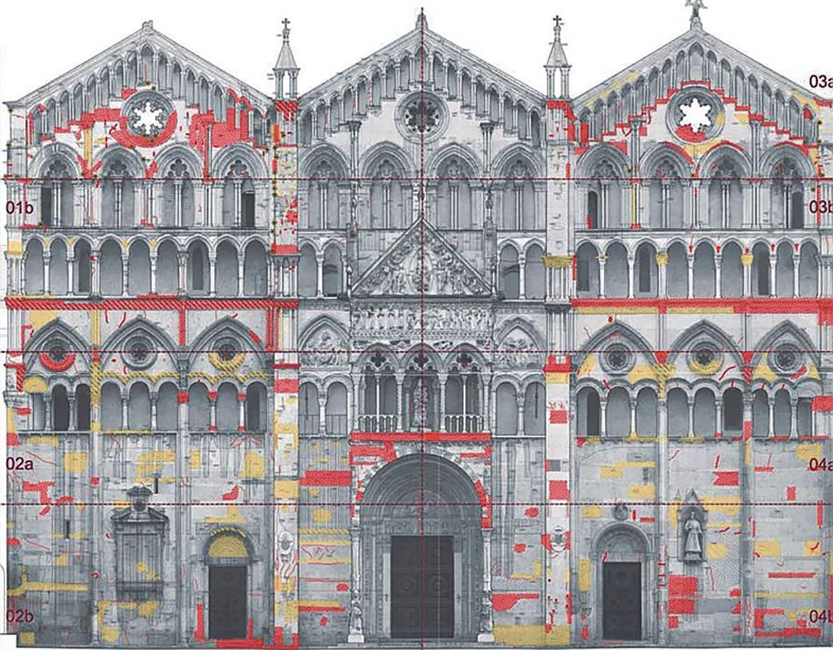 Nella foto, in rosso i punti del Duomo con un livello di degrado molto grave e porzioni a rischio di distacco. In giallo, livello di degrado cattivo/grave