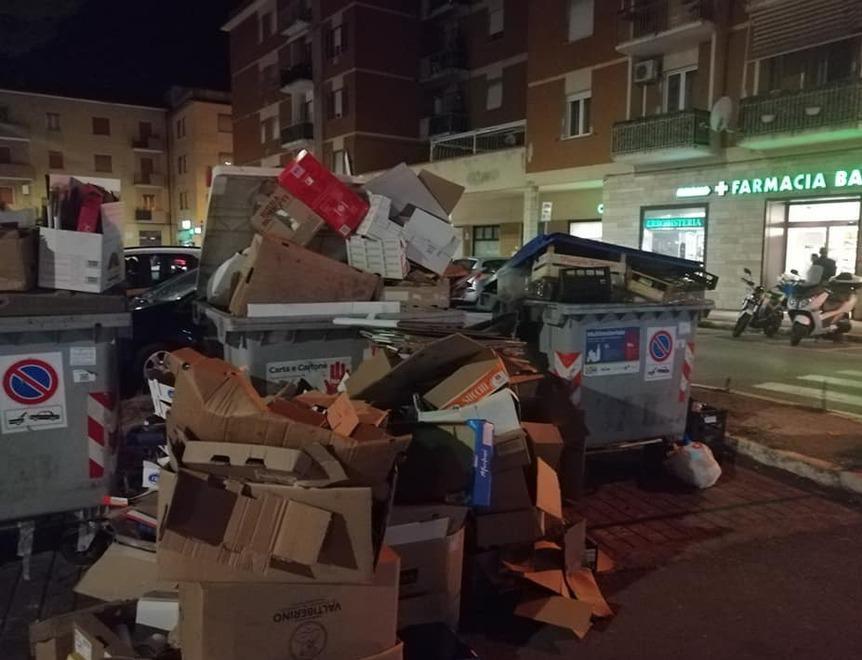 La montagna di cartone accatastato ai cassonetti di via Rovetta a Barbanella (foto da Facebook)