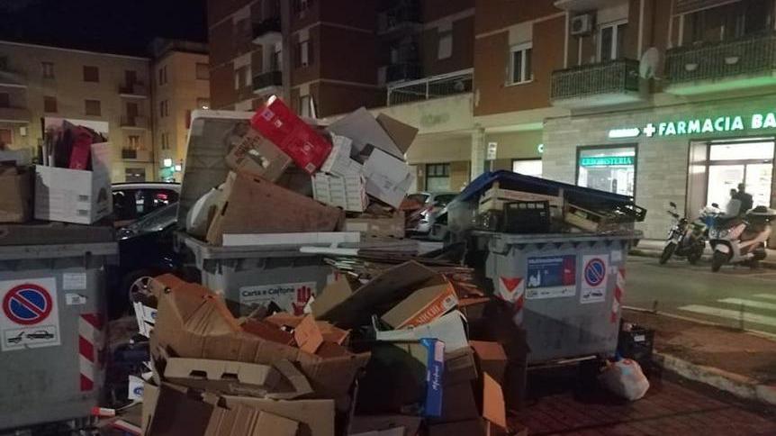 La montagna di cartone accatastato ai cassonetti di via Rovetta a Barbanella (foto da Facebook)