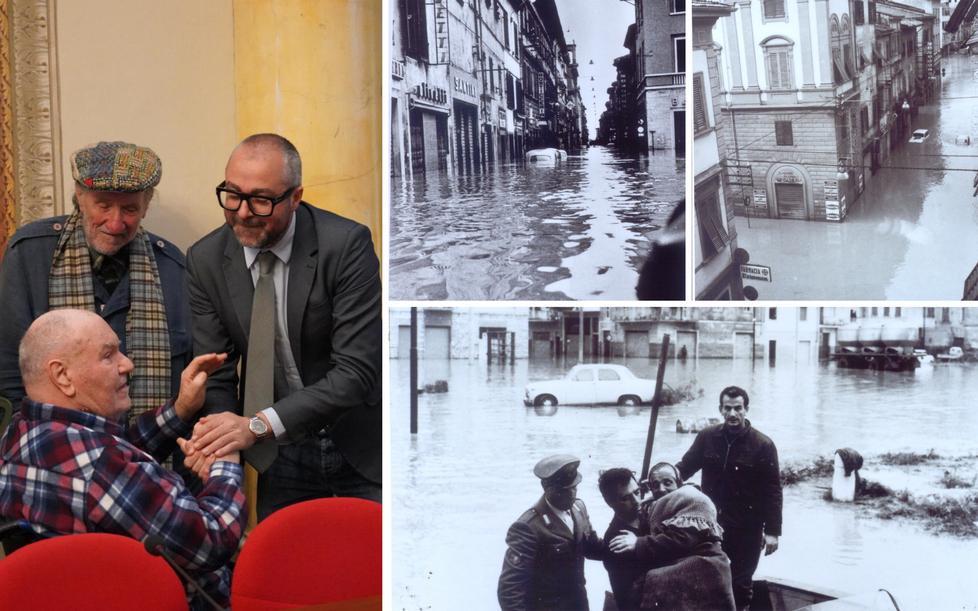 A sinistra la stretta di mano tra Giacomo Maccheroni e Matteo Franconi, con loro Mario Marianelli (foto franco silvi). <VS0>A destra alcune immagini dell’alluvione del 1966 a Pontedera