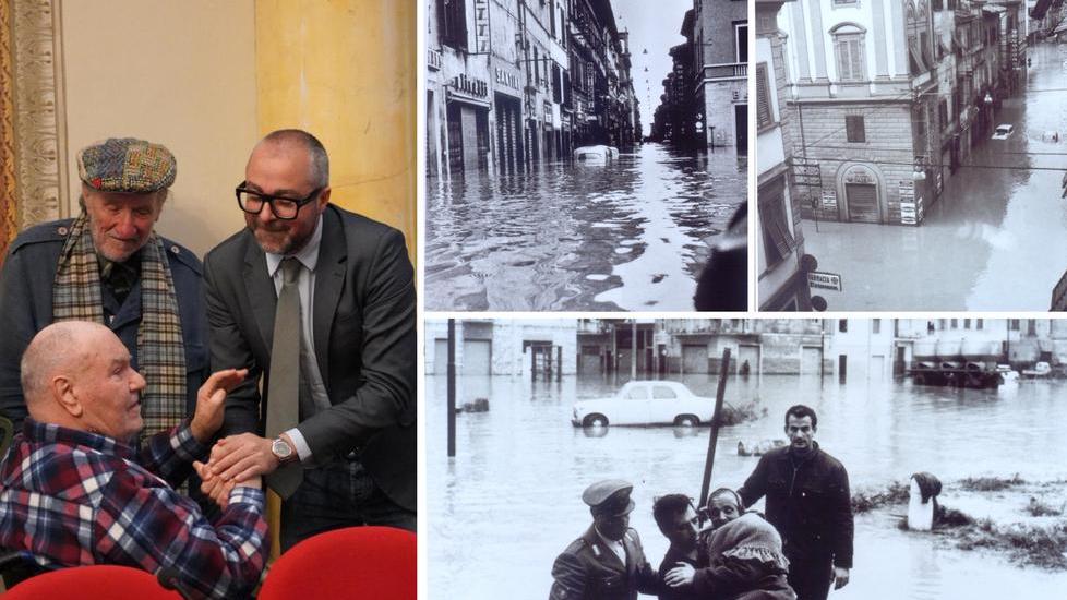A sinistra la stretta di mano tra Giacomo Maccheroni e Matteo Franconi, con loro Mario Marianelli (foto franco silvi). <VS0>A destra alcune immagini dell’alluvione del 1966 a Pontedera