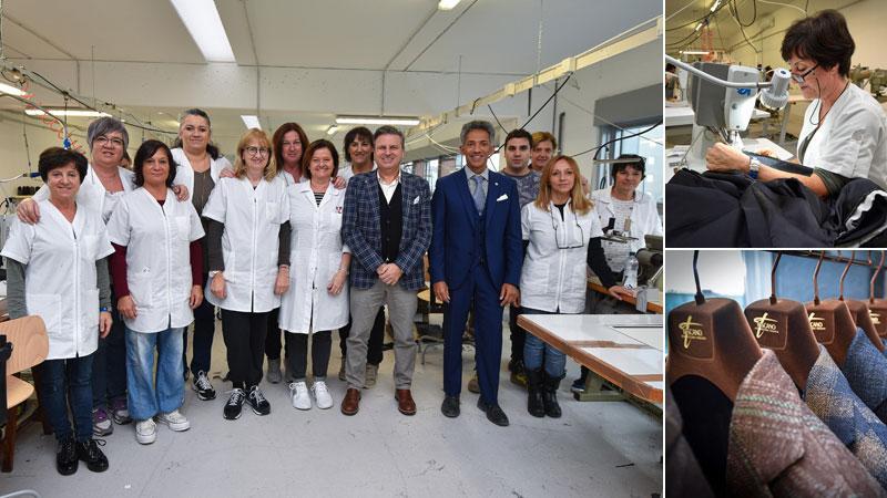 Foto di gruppo per le dipendenti di Vega (tutte ex Mabro) con l’amministratore delegato Luciano Bianchi (a sinistra) e il direttore della produzione Enrico Straito ( a destra) nella sede di via Senegal
In alto, una sartina intenta a cucire a macchina: gli abiti Toscano sono interamente realizzati a mano con tessuti di grande qualità. Sotto, alcune giacche Toscano già pronte (Fotoservizio Agenzia Bf)