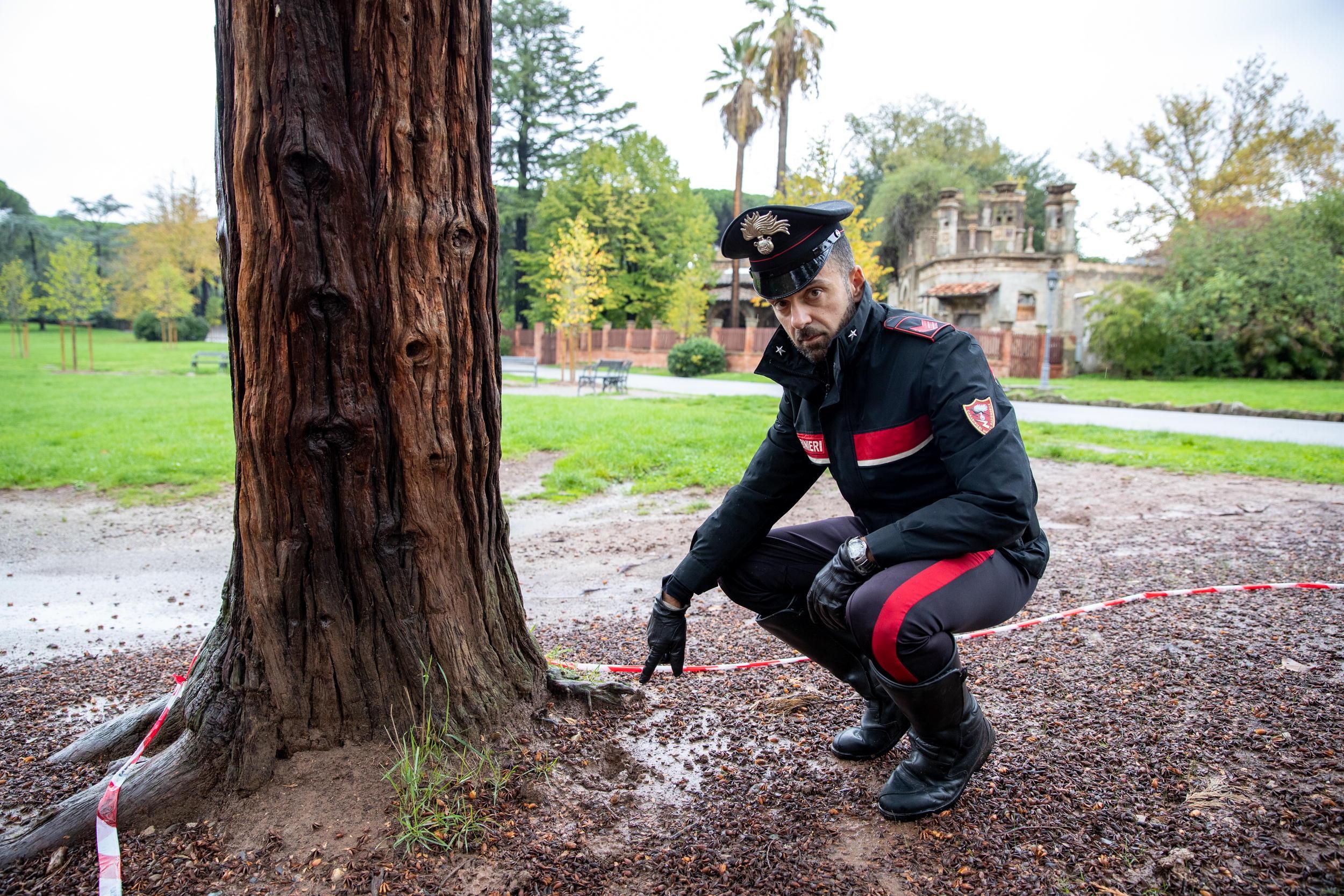 Un carabiniere indica il punto dove è stata trovata la bomba a mano (foto Paolo Nucci)